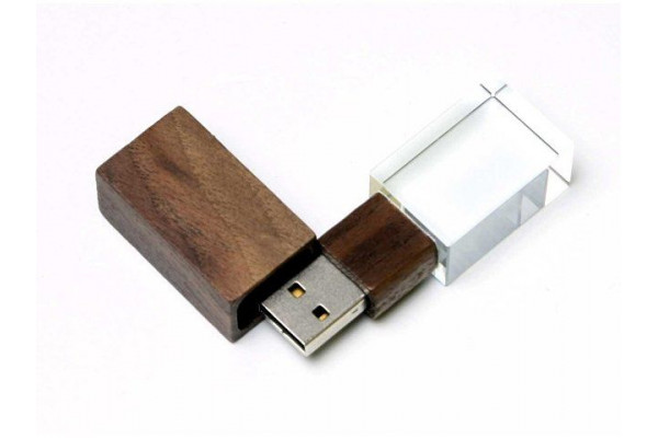 USB-флешка на 16 Гб прямоугольной формы, под гравировку 3D логотипа, материал стекло, с деревянным колпачком красного цвета, белый